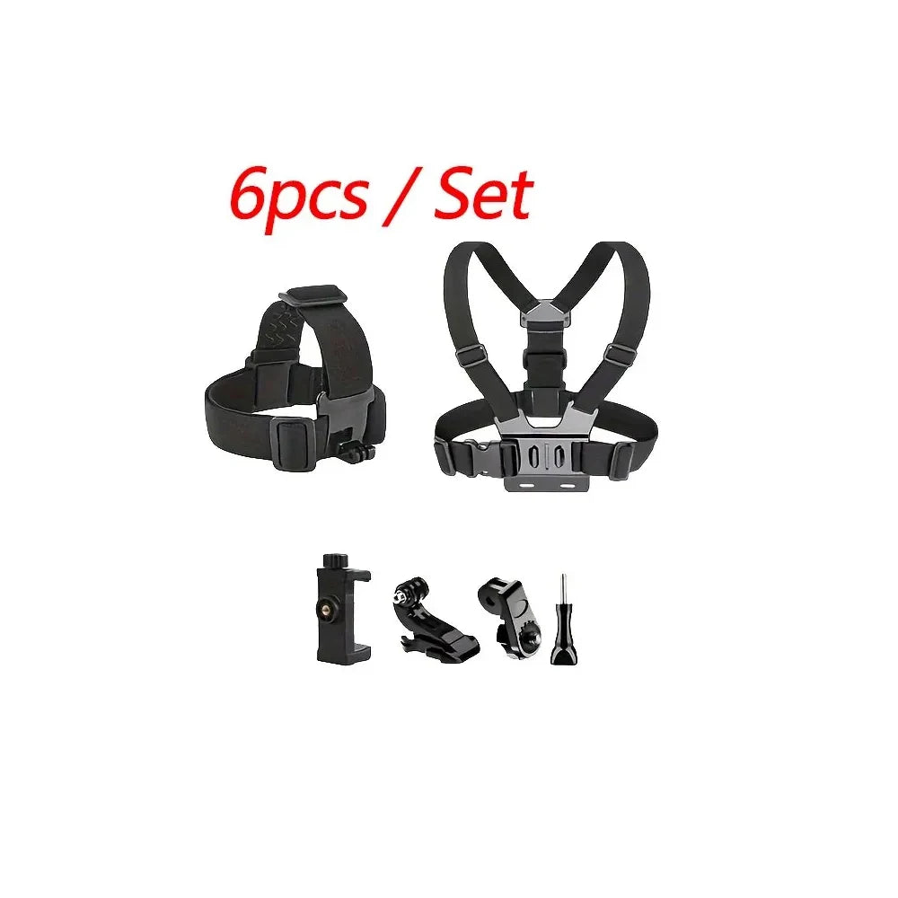 All-in-One 6pcs Action Camera Kit Head Strap Chest Strap Mount Adjustable for GoPro Phone Osmo Enhanced Stability Versatility