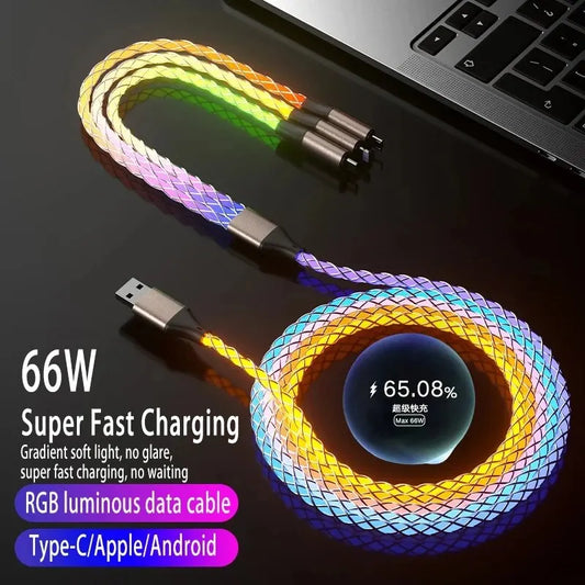 6A Super Fast Charging Colorful Light Data Cable A Drag Three RGB Breathing Gradient Car Charging Cable USB 3 In 1 Universal